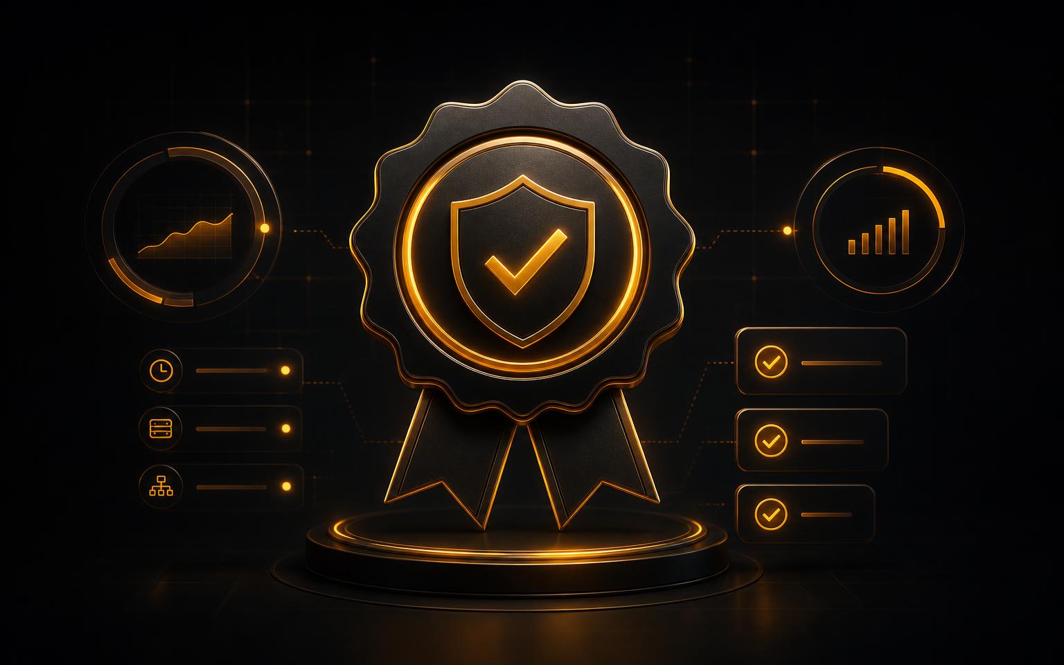 Golden service-level agreement badge with uptime and checkmark metrics