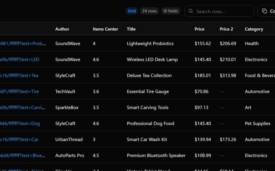 Extracted data table with row count, search and export options