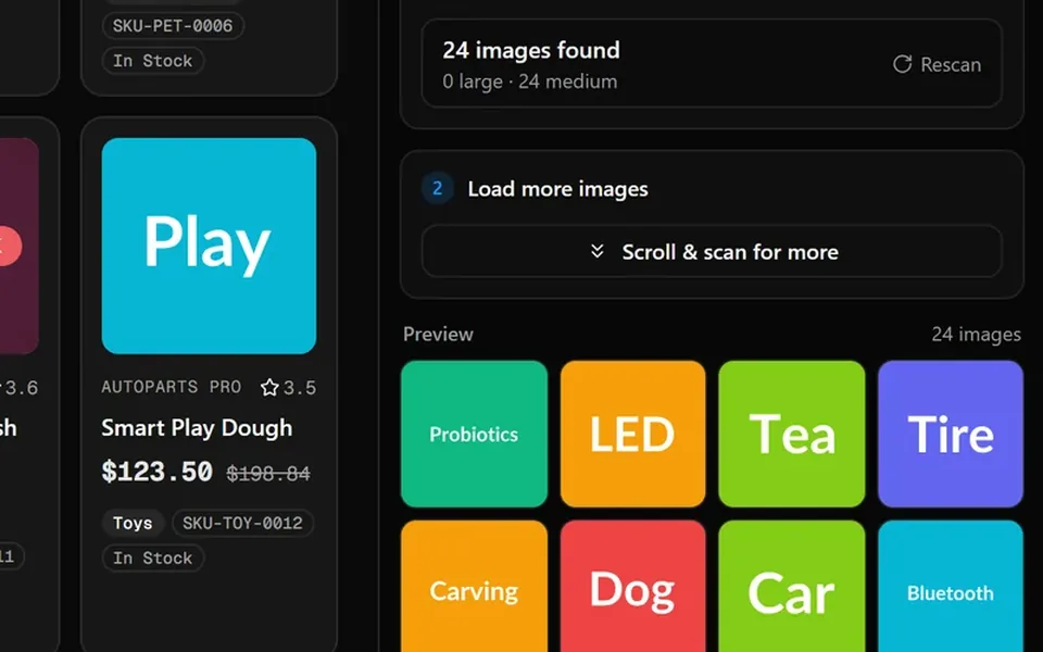 Image Extraction panel showing 24 images found with a preview gallery