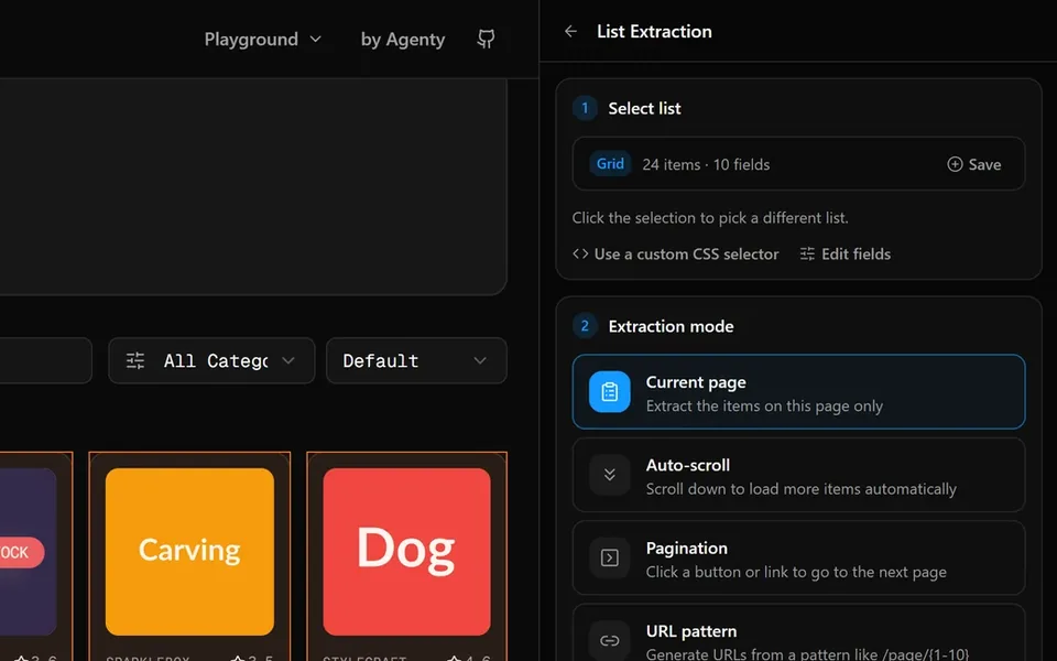 Agenty side panel detecting a product grid with 24 items and 10 fields