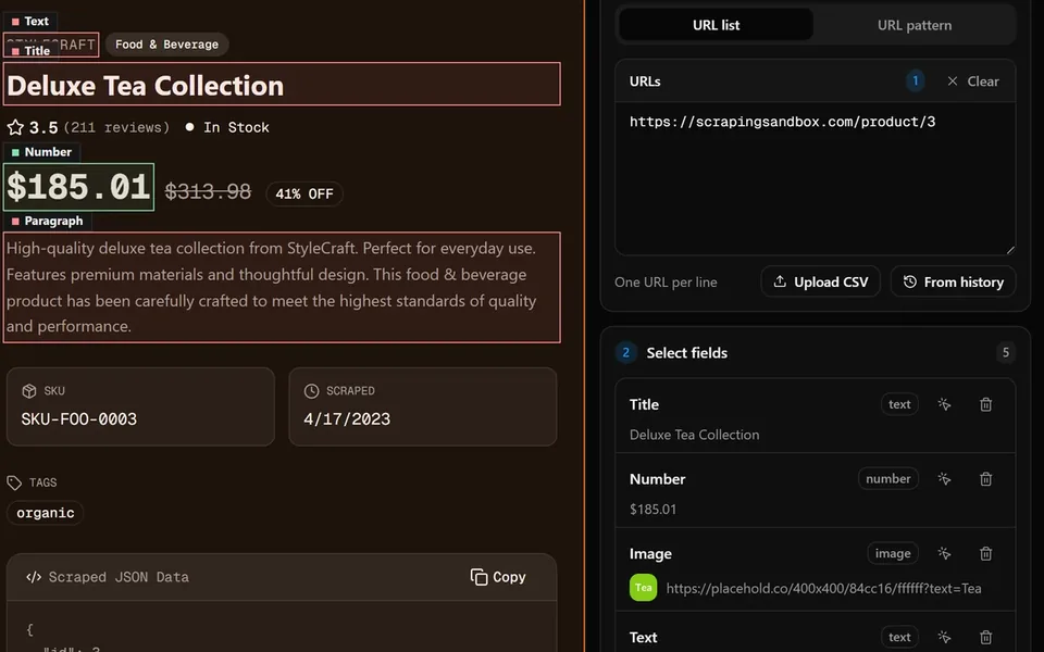 Title, price and description fields picked on a product detail page
