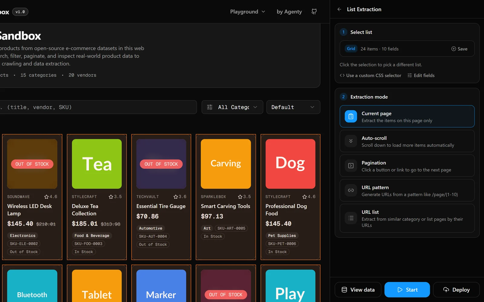 Agenty side panel detecting a product grid with 24 items and 10 fields on a web page