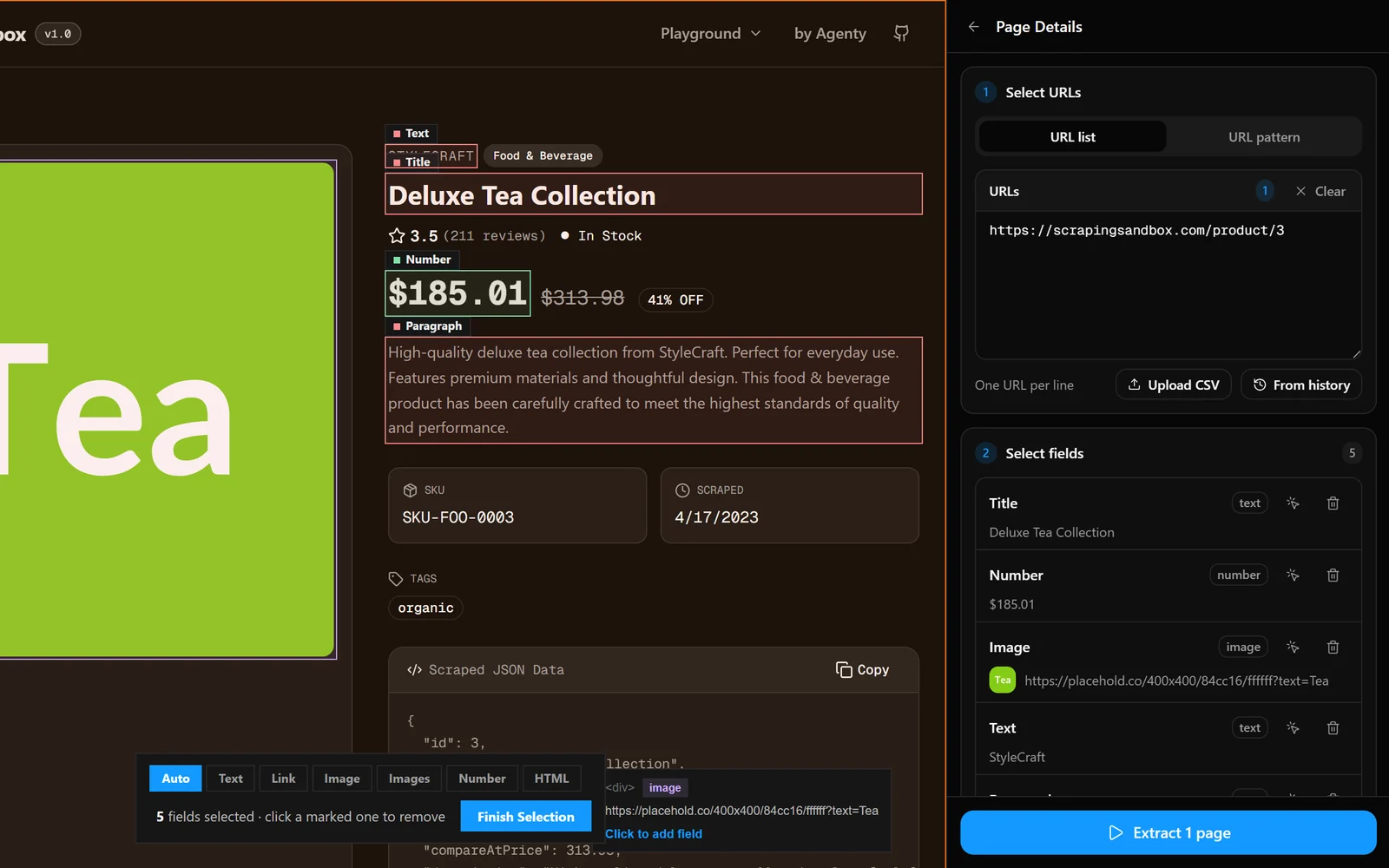 Fields picked on a product detail page with the Page Details panel listing title, price and image
