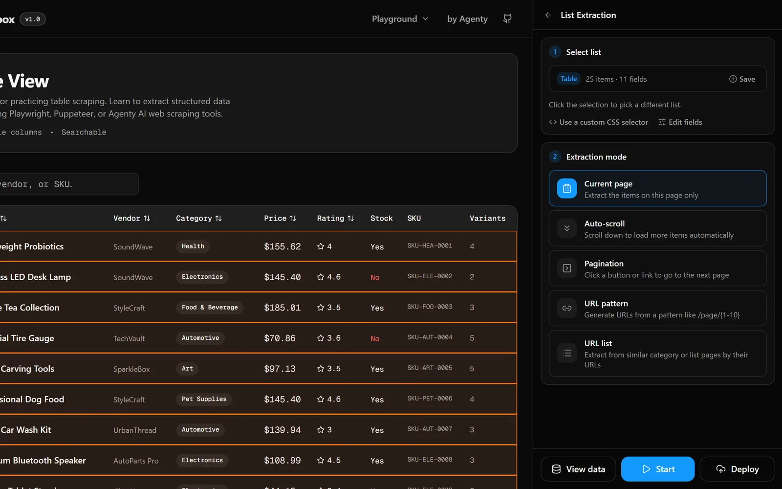 HTML data table selected for extraction in the Agenty side panel